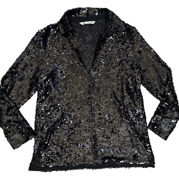 Zara‎ V Neck Collared Flowy Long Sleeve Sequined Top Black Size Medium - Picture 8 of 11